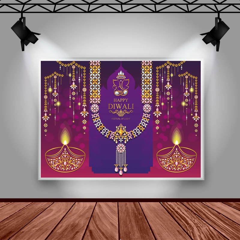 Happy Diwali การถ่ายภาพฉากหลังเทศกาลไฟพื้นหลังสําหรับ Photo Studio Gold Lotus Party ตกแต่ง Props แบนเนอร์