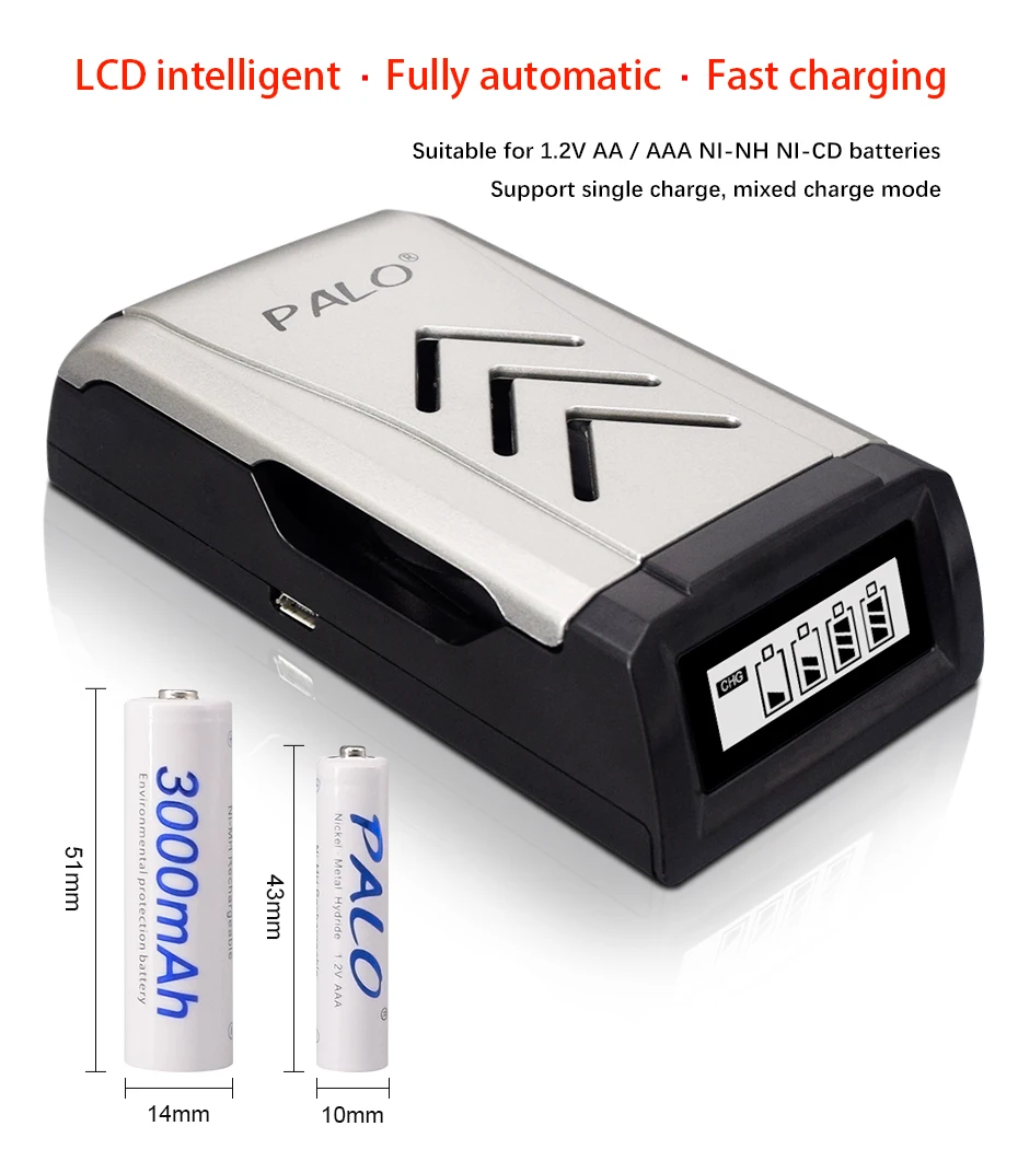 PALO 4-Slots USB-Ladegerät-Set für 1,2 V AA AAA NI-MH-Akku, AA3000 mAh AAA1100 mAh – Detail 2