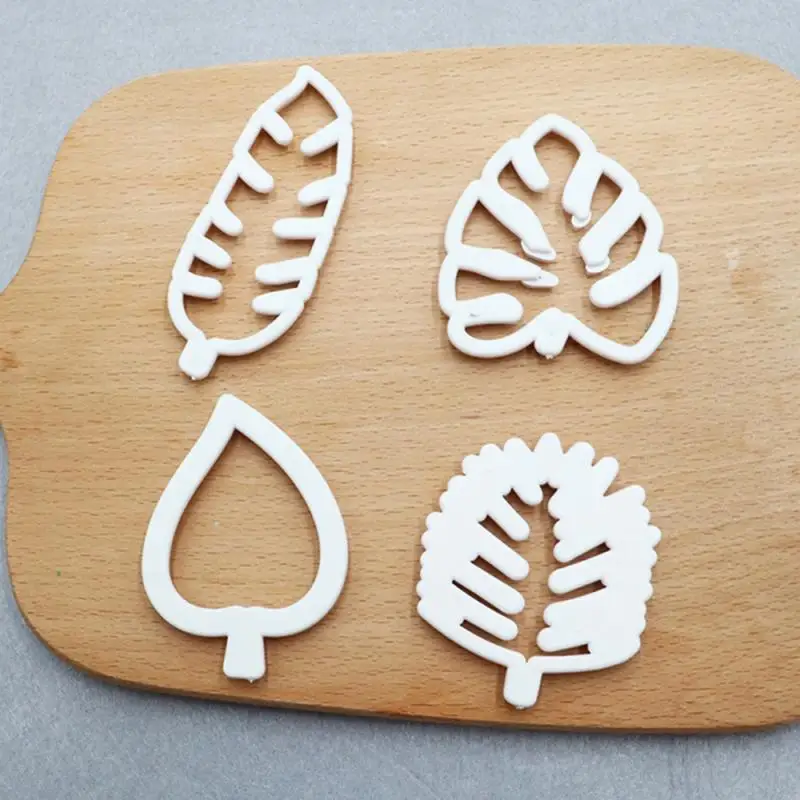 4pcs Leaf Biscuit Mold 3D Cookie Plunger Cutter Pastry Decorating DIY Food Fondant Baking Mould Tool Tropical Leaves Embossing