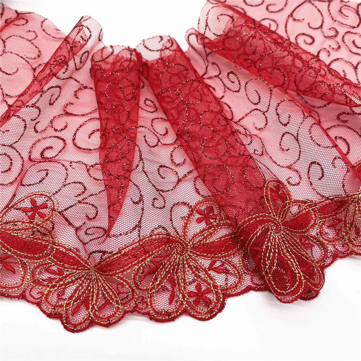 3y/lot Width 7 inch (18cm) Red With Metallic Shiny Embroidery Lace Trim For Skirt Hem Clothes Sewing Material DIY Apparel Fabric
