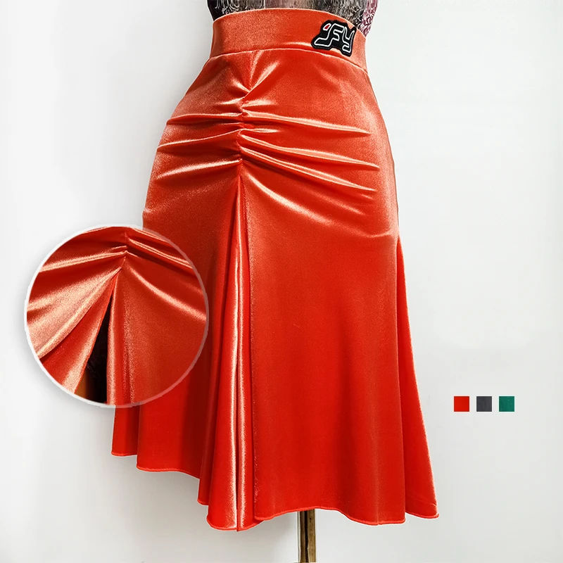 Falda de baile latino para mujer, ropa de práctica de terciopelo, Falda plisada dividida Sexy, Chacha, Samba, Tango, DN7325, 2024