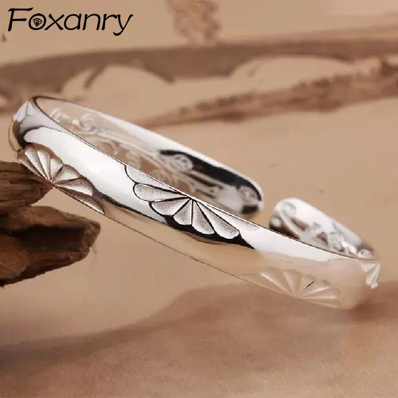 FOXANRY Silver Color Bracelets for Women New Trendy Elegant Vintage Sweet Flower Texture Bangles Party Jewelry Lover Gift