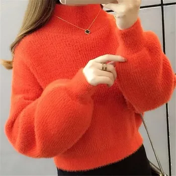 Fall/Winter Women Sweater Pullover New Half Turtleneck Lantern Sleeve Short Sweater Imitation Mink Fleece Knit Jumper Tops