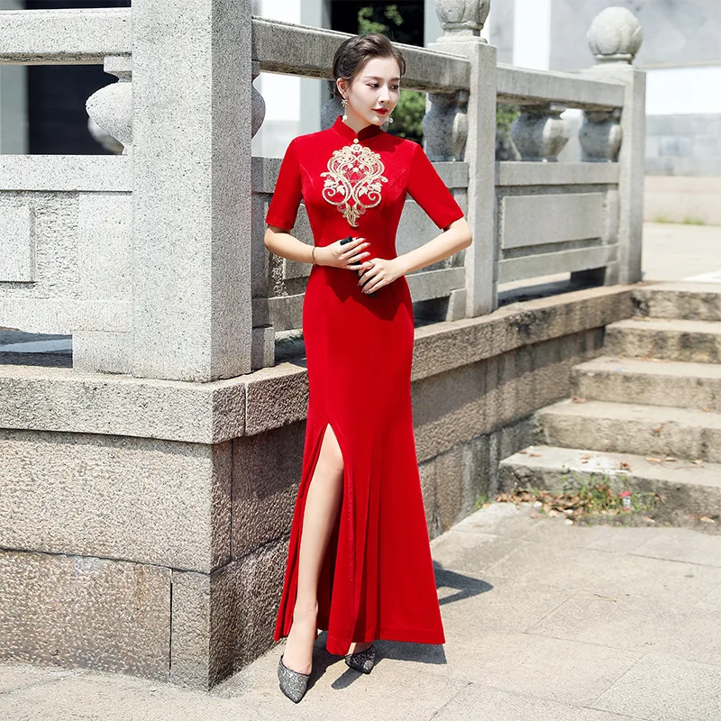 

Velour Sexy Mandarin Collar Long Cheongsam Lady Flower Banquet Party Dress Gown Chinese Style Qipao Big Size 3Xl-7Xl Vestidos