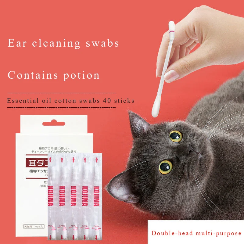 40 PCS cat ear cleaning cotton swabs for dogs and cats essential oil ear washing liquid cotton swabs anti-ear mites and earwax