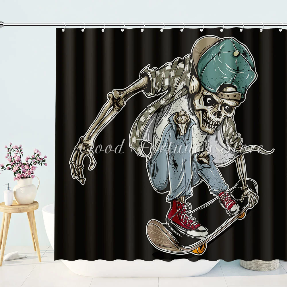 Skate of Skull Riding Skateboard Board Bathroom Curtains