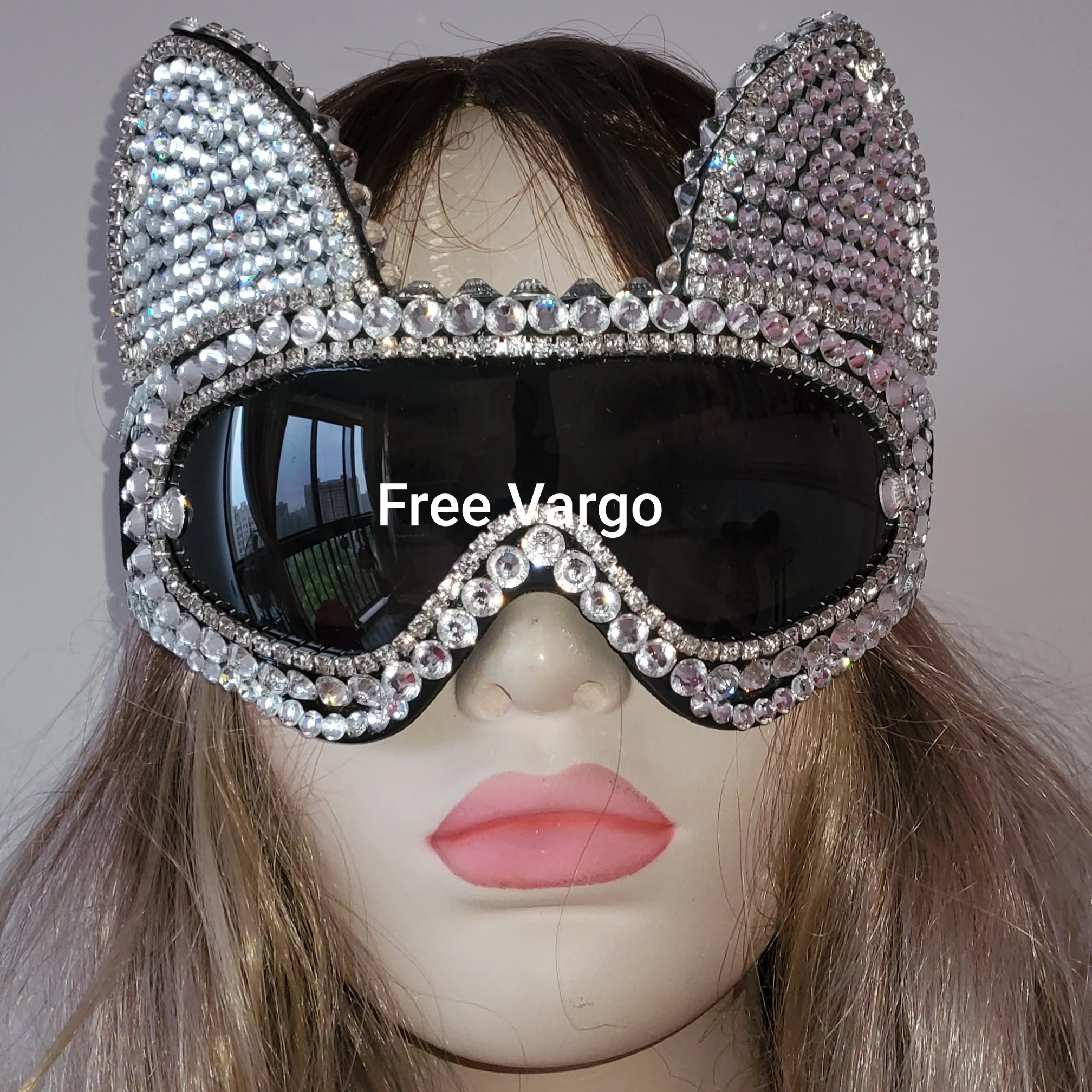 Holographic Rhinestone Silver Cat Burning Man Goggle Festival Mask Costume Headpiece Cyber Goggles Stage Dj EDM EDC Rave Costume