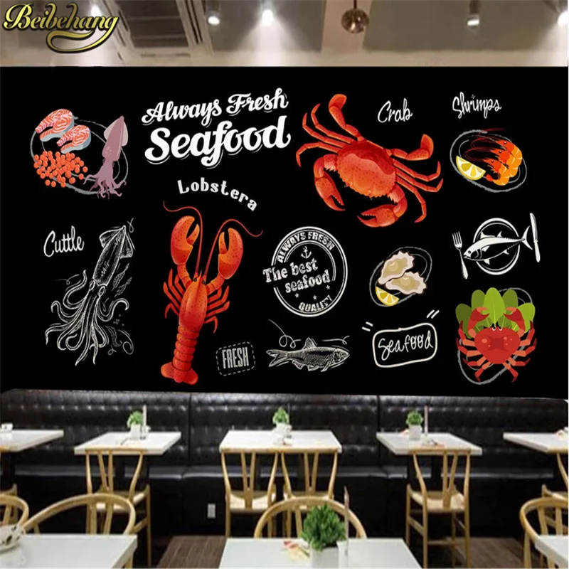 

beibehang custom Black seafood shop decoration painting photo mural wallpaper for background wall paper 3D crab prawn painting