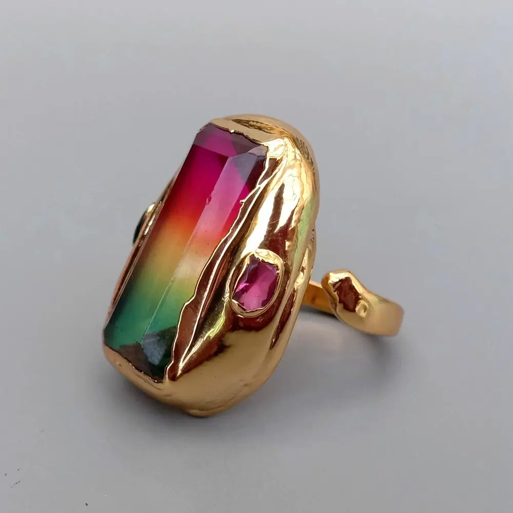 Y·YING Multi Color Rainbow Rectangle Zirconia Finger Rings Dating Gift Women Jewelry Adjustable
