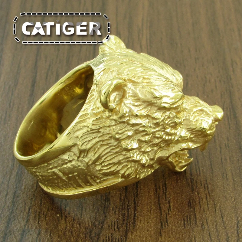 Punk 316L Stainless Steel Bear Animal Ring For Man Silver color Golden Brown Bear Head Ring Jewelry