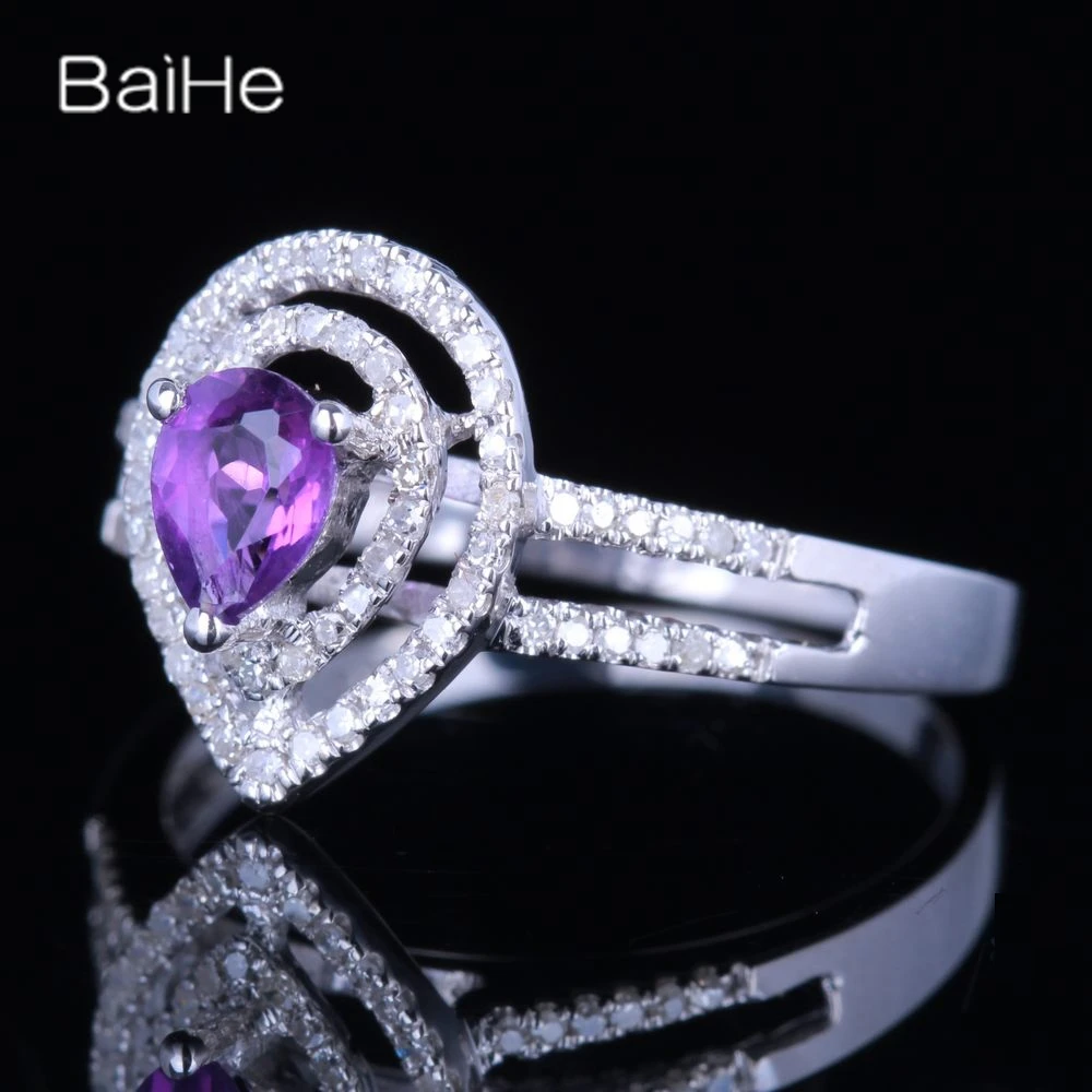 BAIHE Solid 14K White Gold Natural Amethyst rings for women men Trendy Engagement Party Fine Jewelry jewels anillos bague anel