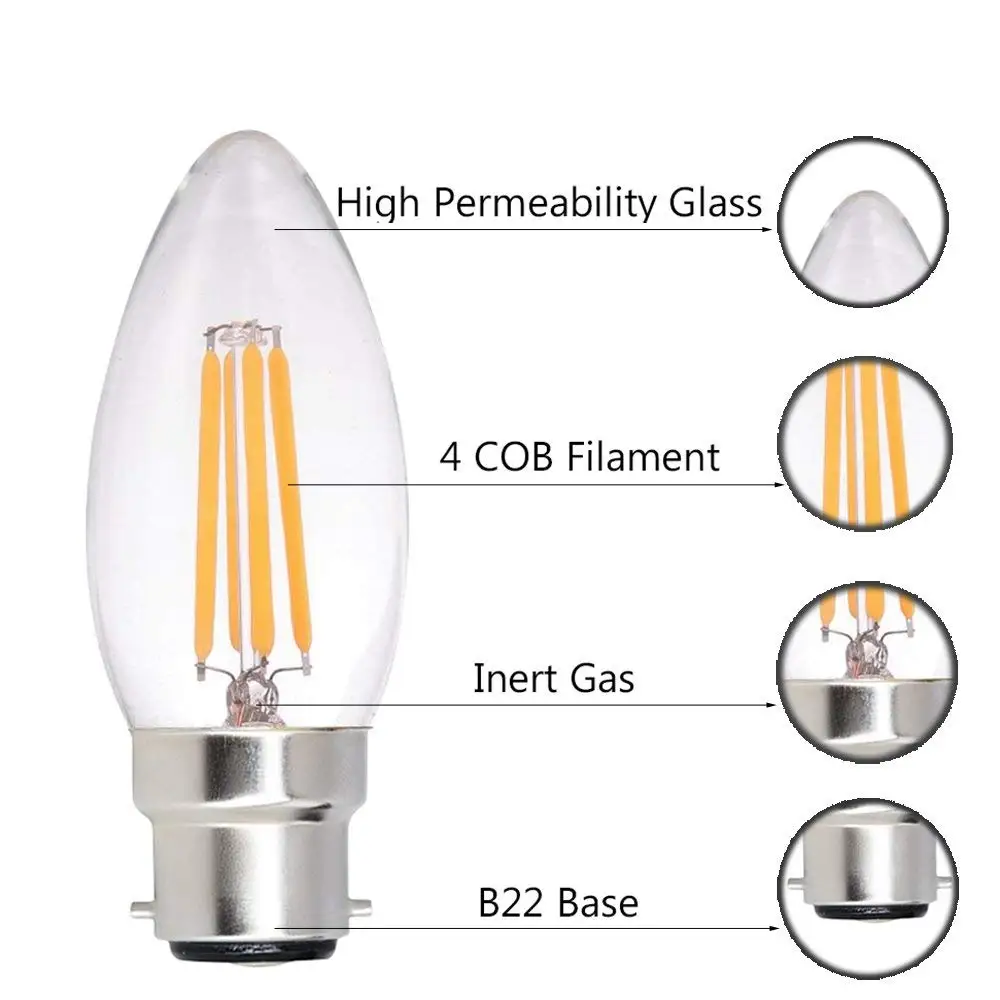 LED Candle Filament Light Bulb 6W B22 C35 Dimmable Bayonet Vintage Edison Warm White 2700K Cold 6000K Equal 60W Incandescent