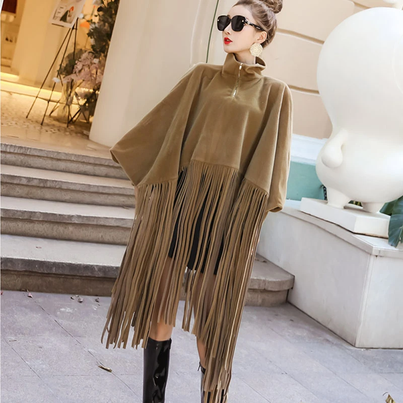 2023 New Spring Autumn Black Jacket Women Loose Tassels Turtleneck Long Sleeve Women Cape Coat Women Fashion oversized Ponchos