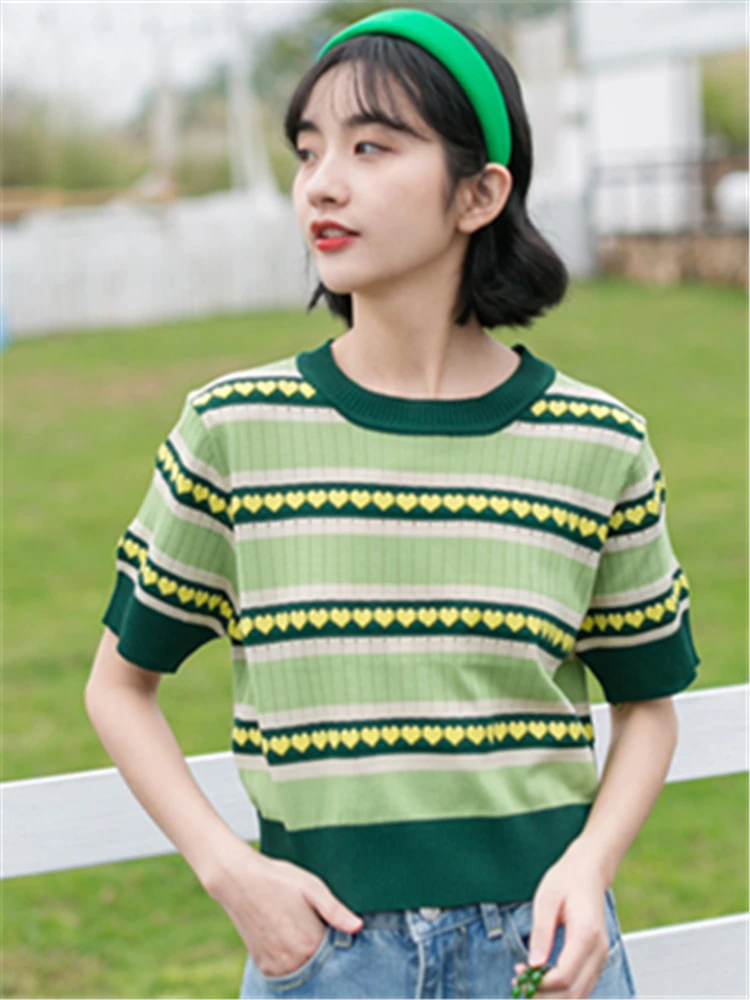 Makuluya Thin Sweet Cute Avocado Green Heart-Shaped Embroidered Pattern Short Sleeve Knitted Hollow Out Sweaters Pullover Tops L