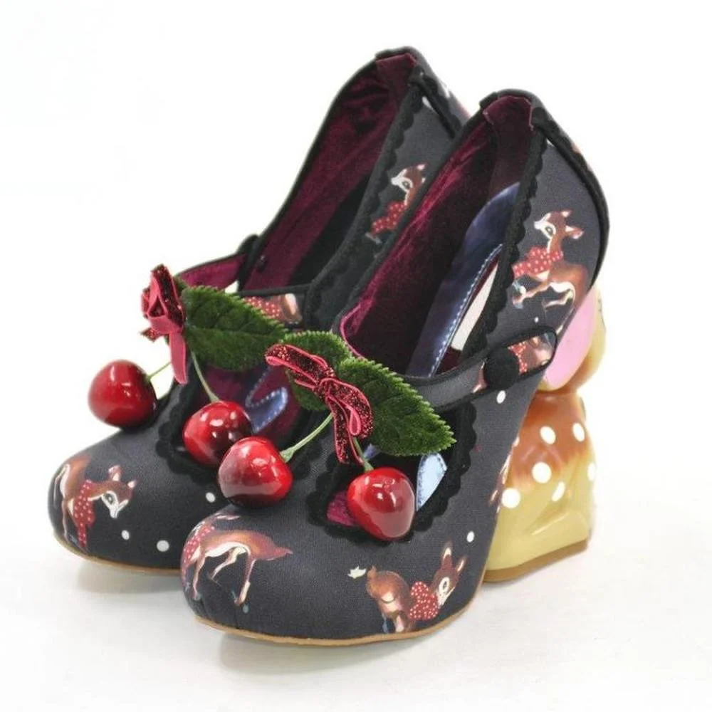  Womens Real Leather Cherry Irregular Strange High Print Deer Heel Pumps Shoes Luxury DIY Sweet Lolita       2023