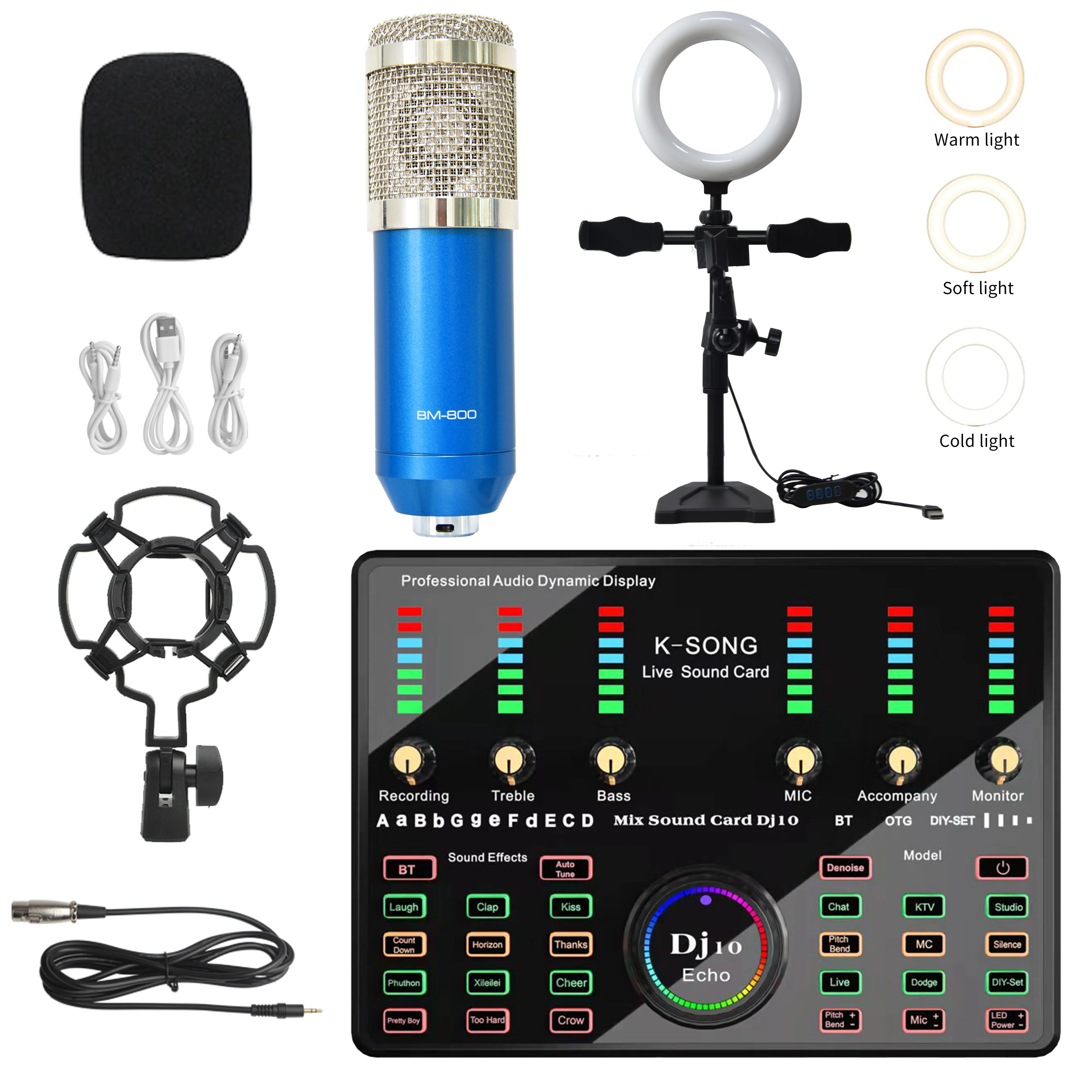 BM 800 전문 콘덴서 마이크 (PC 폰용 링 필 라이트 포함) 라이브 스트리밍 키트 가라오케 노래 게임 마이크 스탠드