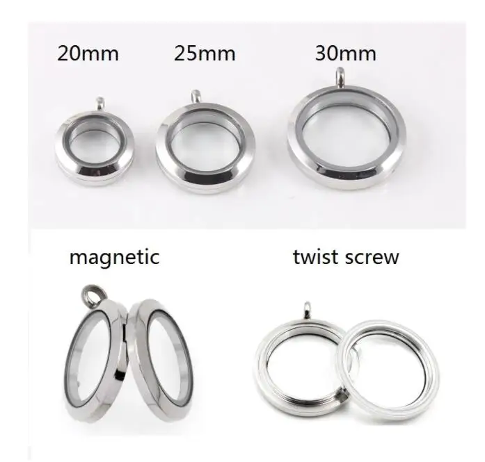 5PC/lot 20mm 25mm 30mm Memory charms Floating Locket Round medallion stainless steel Glass locket fit for necklace chains