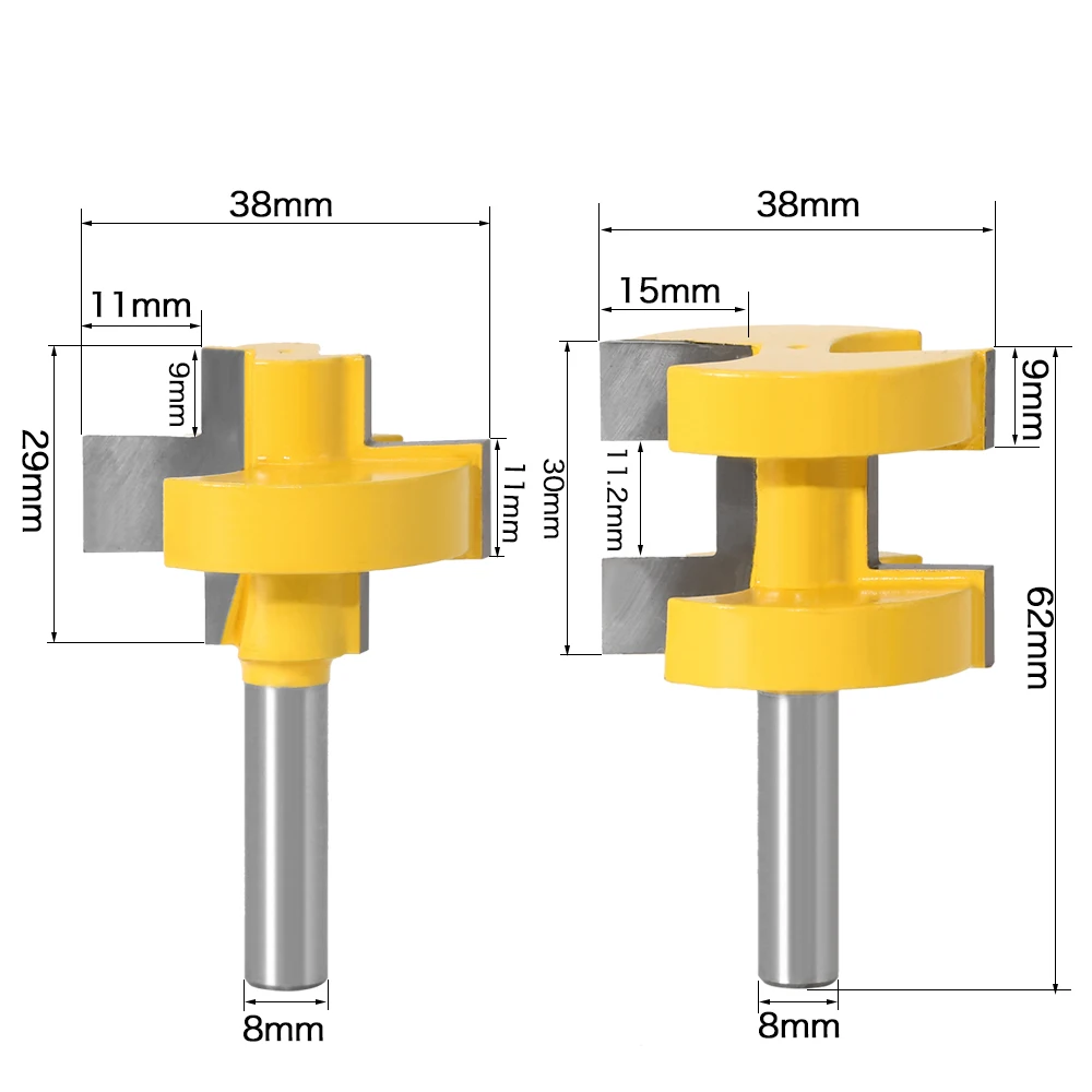 2pcs 8MM 12MM Shank 1/2” Shank T-Slot Square Tooth Tenon Milling Cutter Carving Knife Router Bits for Wood Tool Woodworking