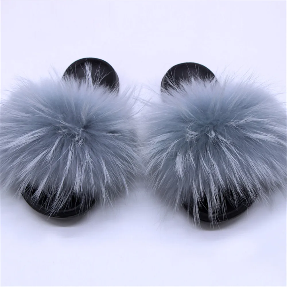 Monochrome Real Pure Natural Raccoon Fur Slippers Summer Indoor Non-Slip Fashion Soft Bottom Fur Fluffy Raccoon Slippers