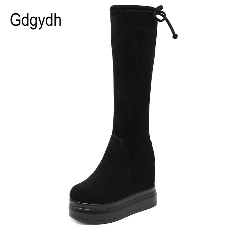 Gdgydh Winter Knee High Boots For Women Fashion Stretch Wedges Height Increasing Ladies Suede Lace Up Platform Boots Black Retro