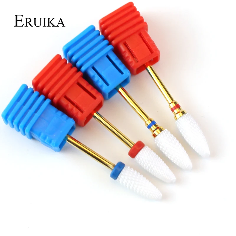 Eruika-brocas de cerâmica para unhas, 1 peça, cortador, haste dourada, acessórios para máquina de manicure, ferramentas para arte de unhas