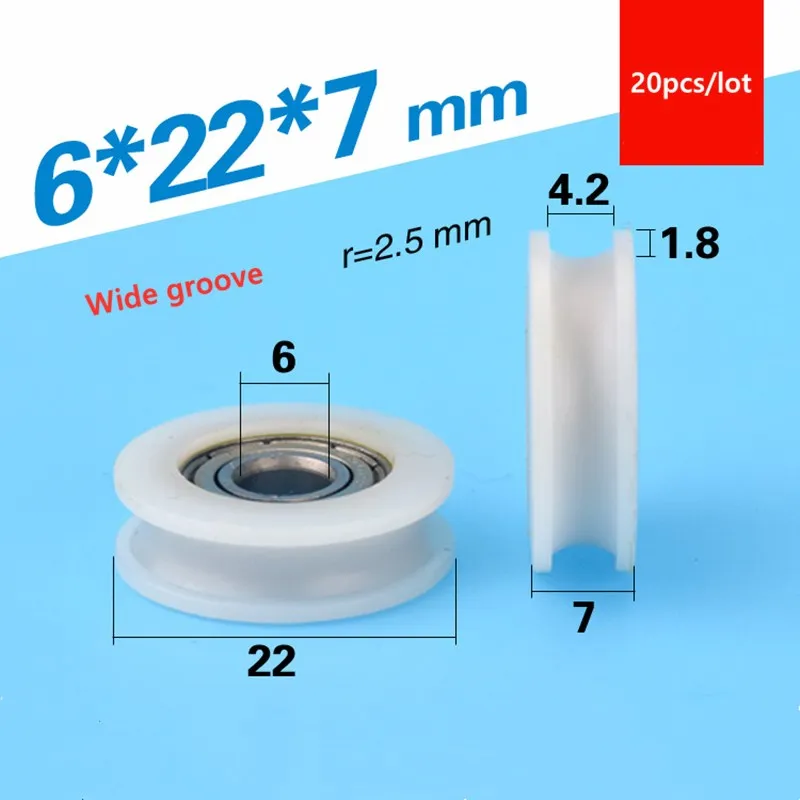 

20pcs U groove Plastic coated bearing 696ZZ 6*22*7 mm door window POM roller wheel nylon pulley Bore 6mm Diameter 22mm