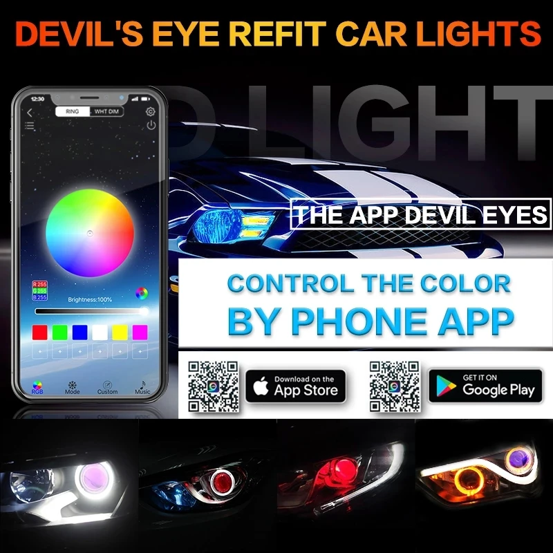 2pcs Car Led Devil Eye Demon Evil Eyes DRL LED APP Control RGB 2.5 Aoto Headlights Mini Projector Lenscar Kit Car Accessories