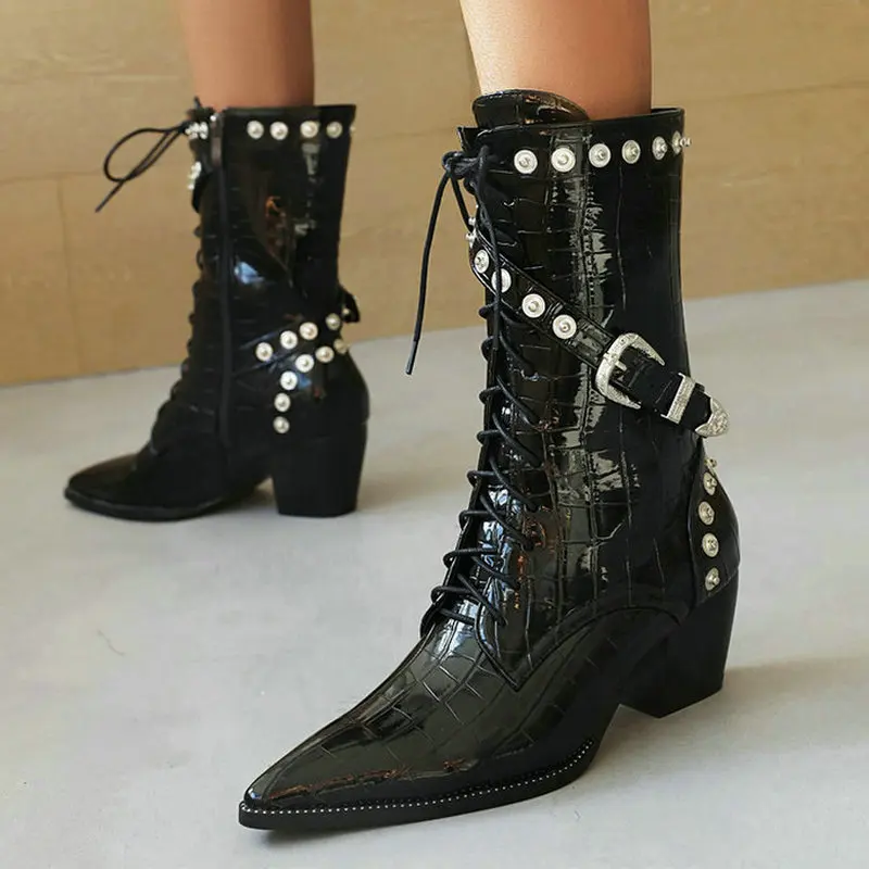 

Женские ботильоны 2021 года, удобные ботинки на квадратном каблуке, с острым носком, женские ковбойские ботинки из искусственной кожи с пряжкой, женские ботинки большого размера для реки