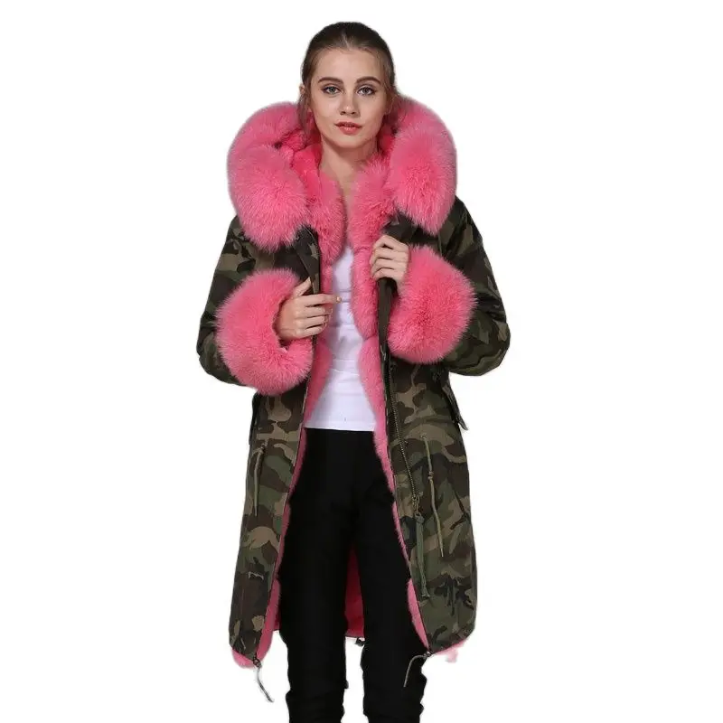 Top Quality Mhnkro Camouflage Russia Peach Fur Coat Fox Fur Collar/Cuffs/Border Long Length Hot Sale Ins Style