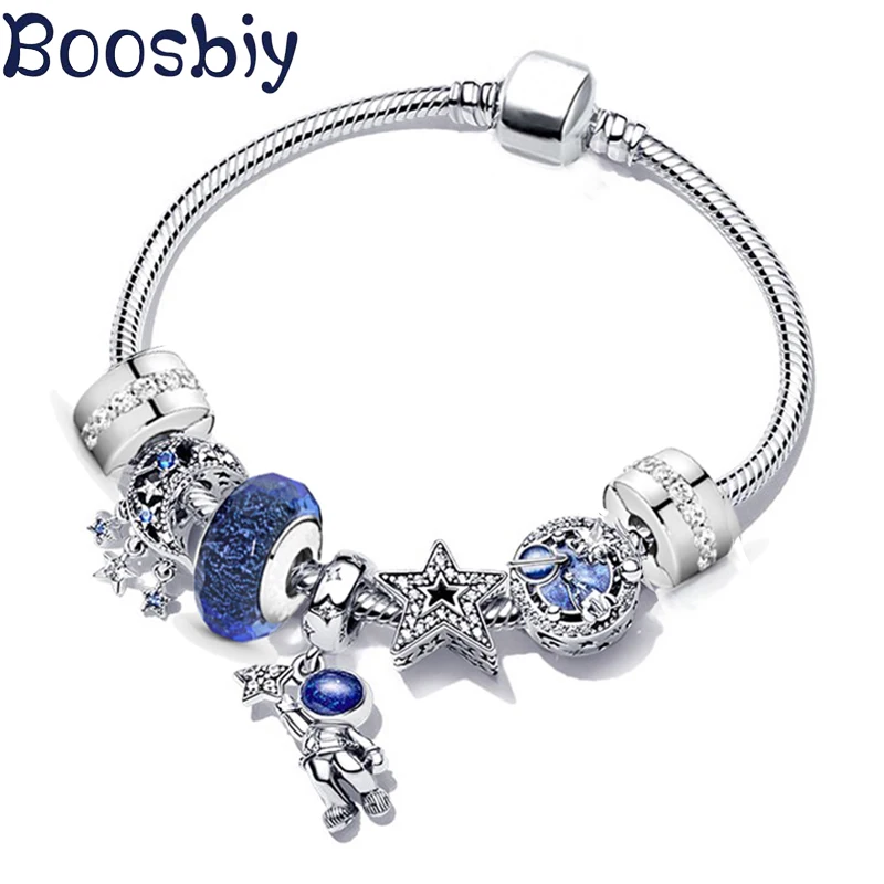 Blue Shinning Star Moon Charm Beads Fit Silver Plated Bracelet DIY Explore Nature Style Jewelry Gift For Women Special offer