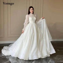 Verngo Modest Organza A Line Wedding Dress Lace Puff Long Sleeves High Neck Korea Wedding Bridal Gowns 2021 Customized