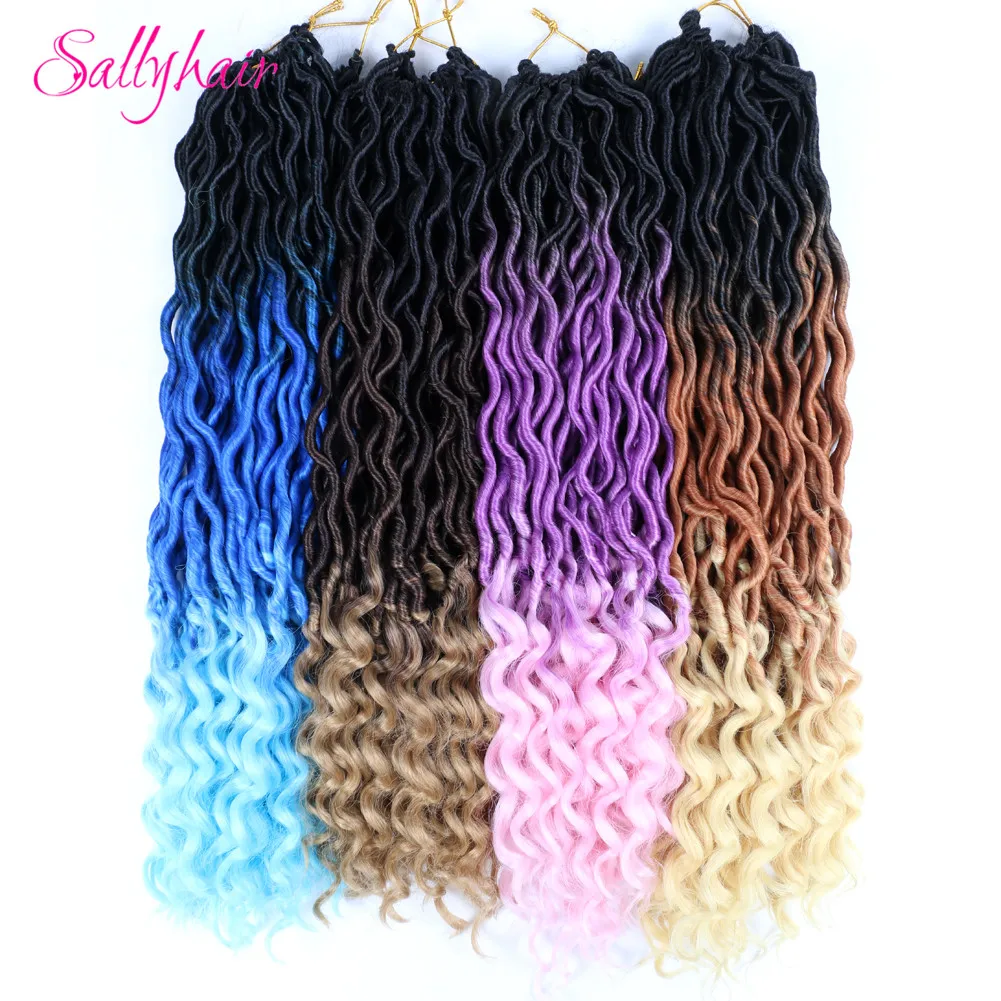 Sallyhair 24 Strands/Pack Faux Locs Curly Crochet Braids Hair Extension Synthetic Soft Ombre Braiding Hair Blue Pink  Loose End