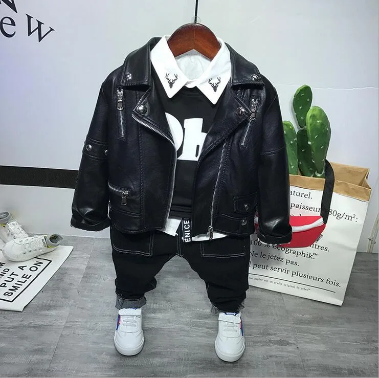 Children Clothing Set Boys Suit Spring Autumn Boys Faux Leather Coat + T-Shirt+ Shirts+ Jeans 4PCS Kids Clothes Set 2-7years