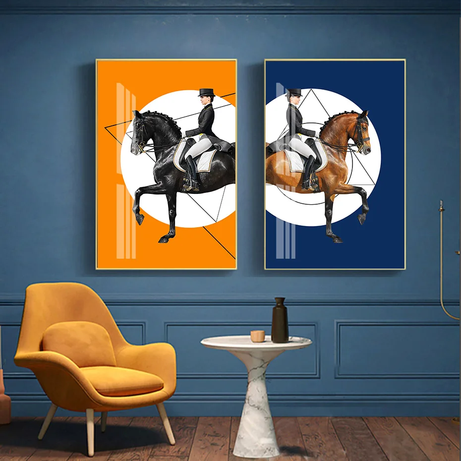 Modern Dressage Chevaux Horse Rider Blue Orange Posters Canvas Painting Wall Art Prints for Living Room Home Decoration