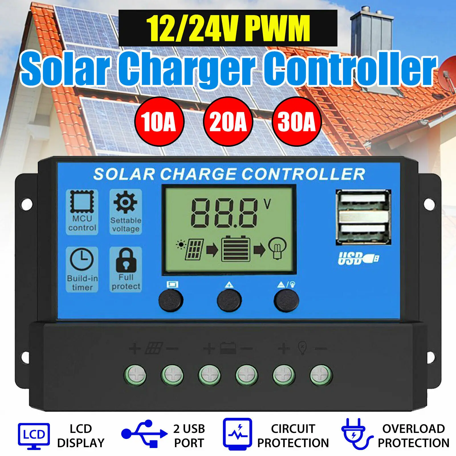 30A/20A/10A Solar Charge Controller 12V 24V Auto PWM Controllers LCD Dual USB 5V Output Solar Panel PV Regulator Dropshipping