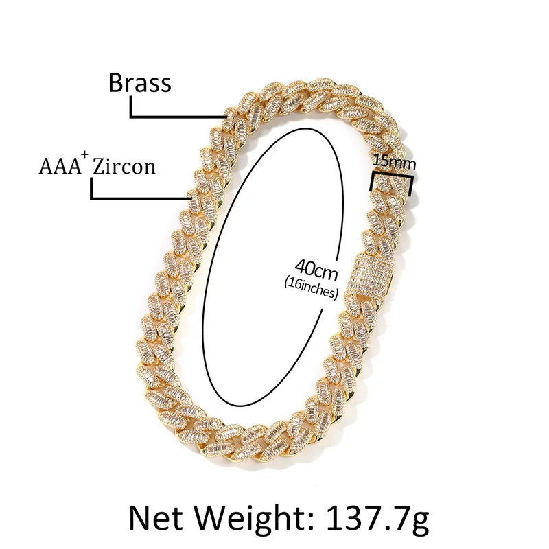 Hip Hop Claw Setting 3A+ CZ Stone Bling Ice Out 15mm Solid Round Cuban Miami Link Chain Necklace for Men Rapper Jewelry Gift