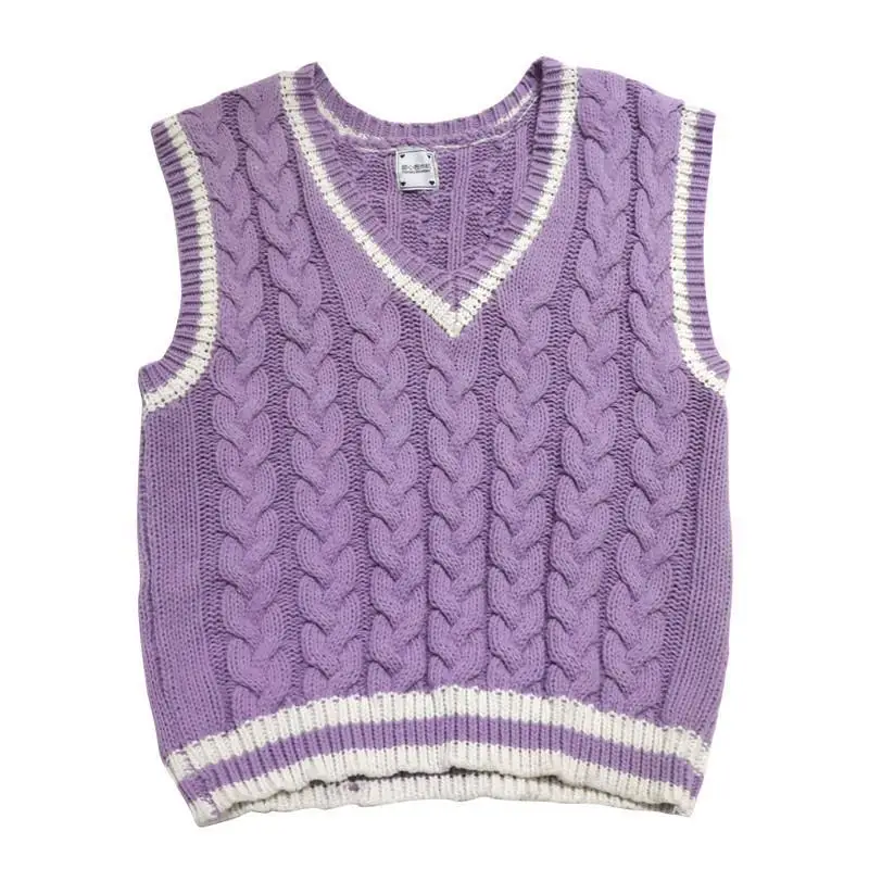 Sweater Vest Women Lovely Purple Korean Popular V-neck Teens Twisted  All-match Autumn Fashion Femme Sleeveless Knitwear