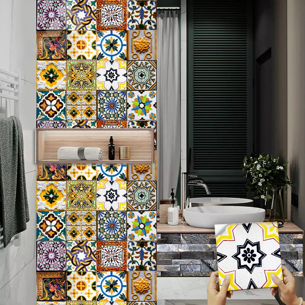 16pcs Retro Moroccan Style Tiles Kitchen Oil-poof & Waterproof Sticker Cupboard Bathroom Home Renovation Peel & Stick Wallpaper