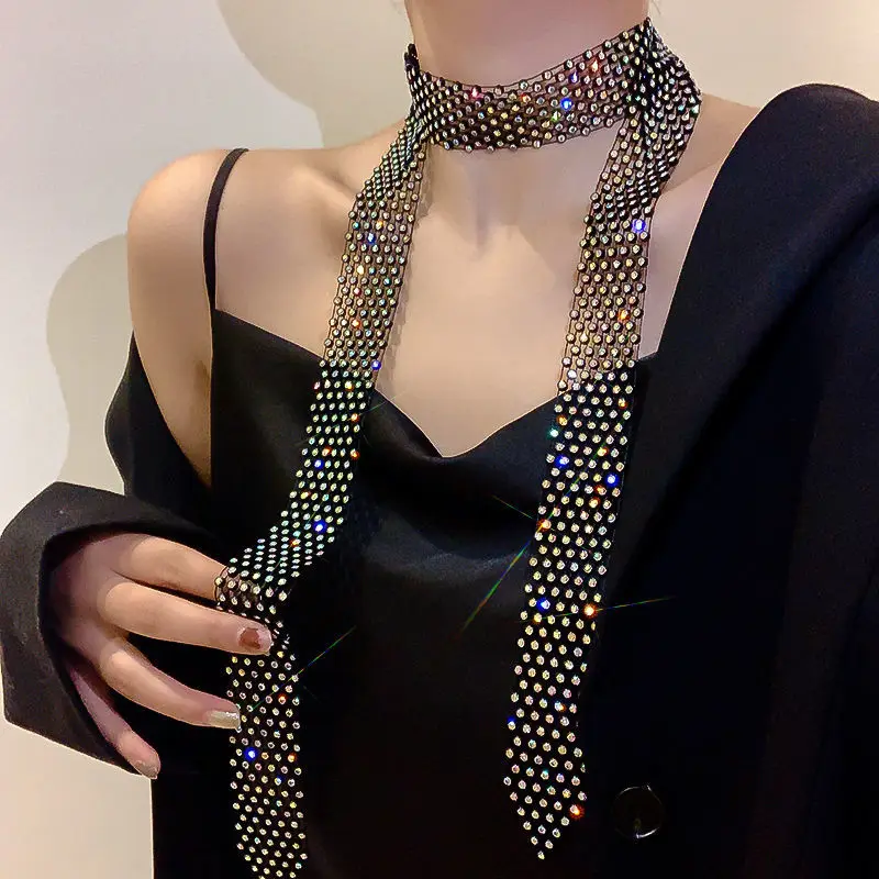 Summer  Black Long Sharp Corner Rhinestone Scarf  Korean Female Social Sailor Dance  Necktie Multifunction Bow Trendy Belt P7