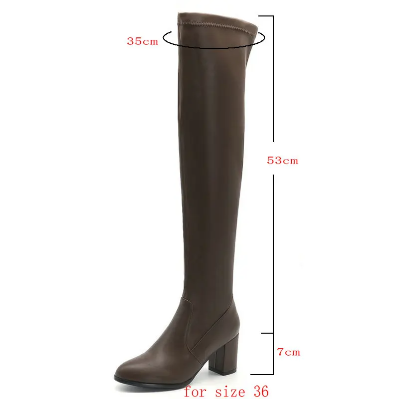 2021 Women Over the Knee Boots PU Leather Ladies Stretch Boots Round Toe Square High Heel Women Thigh Boots Black Brown White