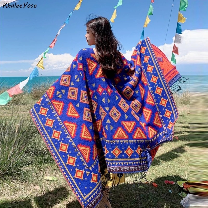 KHALEE YOSE Boho Pattern Knitted Capes Cloak Cardigan Ethnic Floral Chic Vintage Autumn Winter Holiday Cape Shawl Warm Poncho