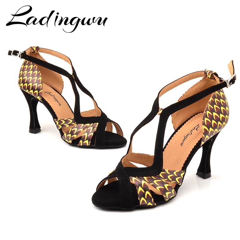 Zapatos de baile Ladingwu, zapatos de baile latino de cuero con estampado africano para mujer, zapatos de baile profesionales para Salsa, sandalias de baile de 9cm