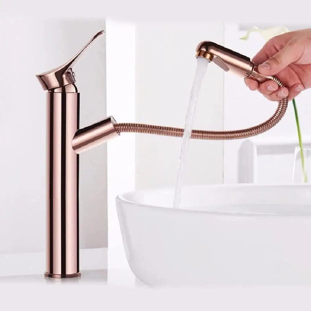 

IMPEU Pull Out Basin Faucet, Rose Gold Sink Mixer, Cold and Hot Tap, Easy to Wash Head, Brass Material