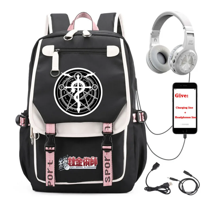 

anime Fullmetal Alchemist backpack student School book Bag Women men Travel Backpack USB Charging teenagers Laptop packsack