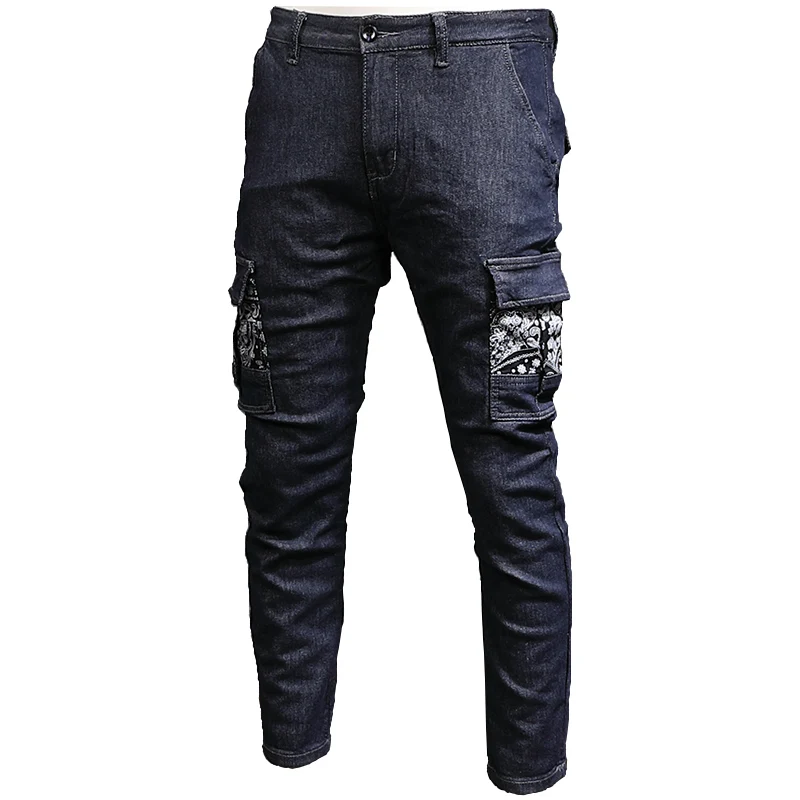 Summer Dark Blue Cargo Jeans Men Fashion Pockets Patchwork Slim Fit Ankle-Length Pants Streetwear Denim Trousers
