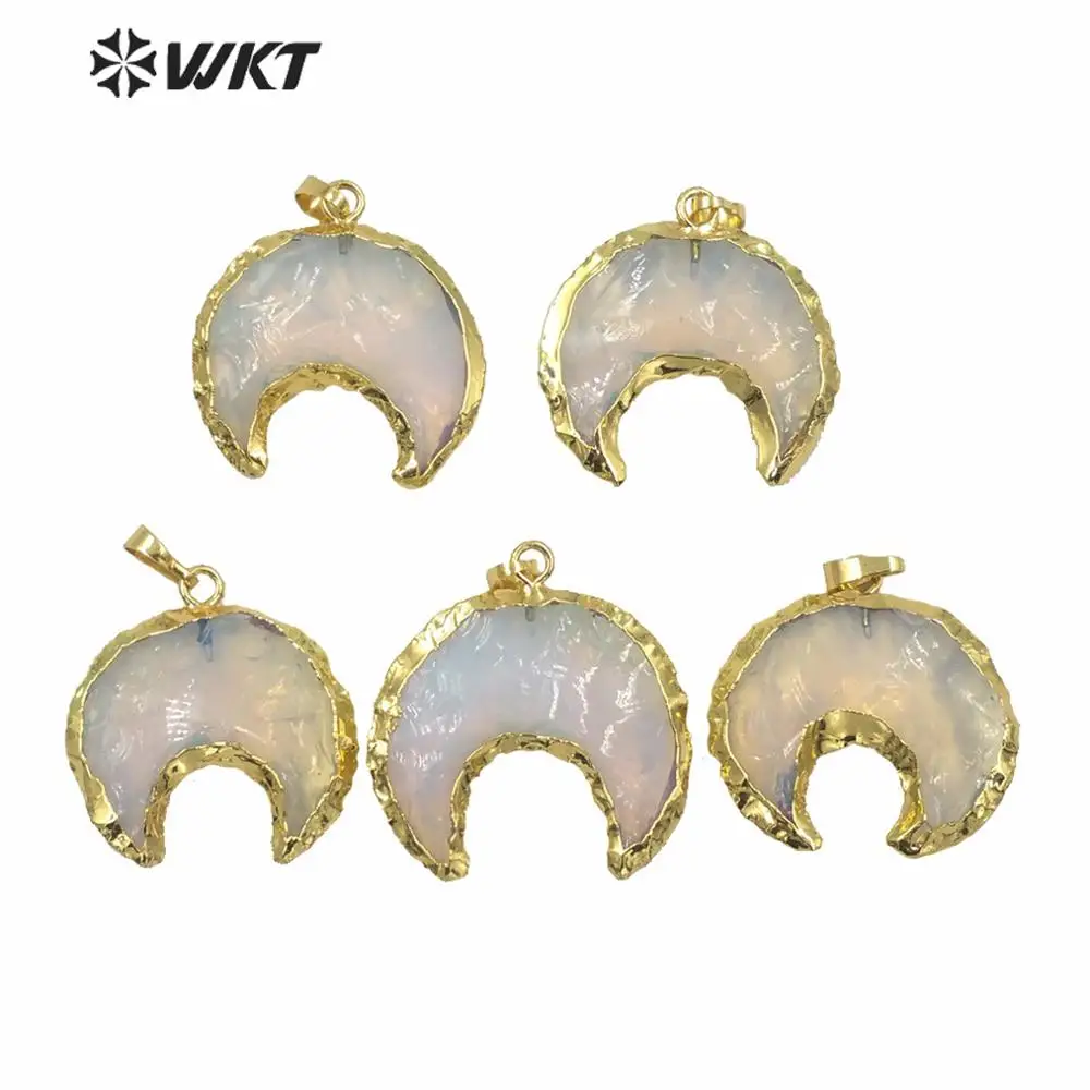 WT-P1611 WKT Pretty Quartz Stone Pendant Cresent Moon Shape For Necklace DIY Shiny Raw Opalfor Jewelry Findings High Quality