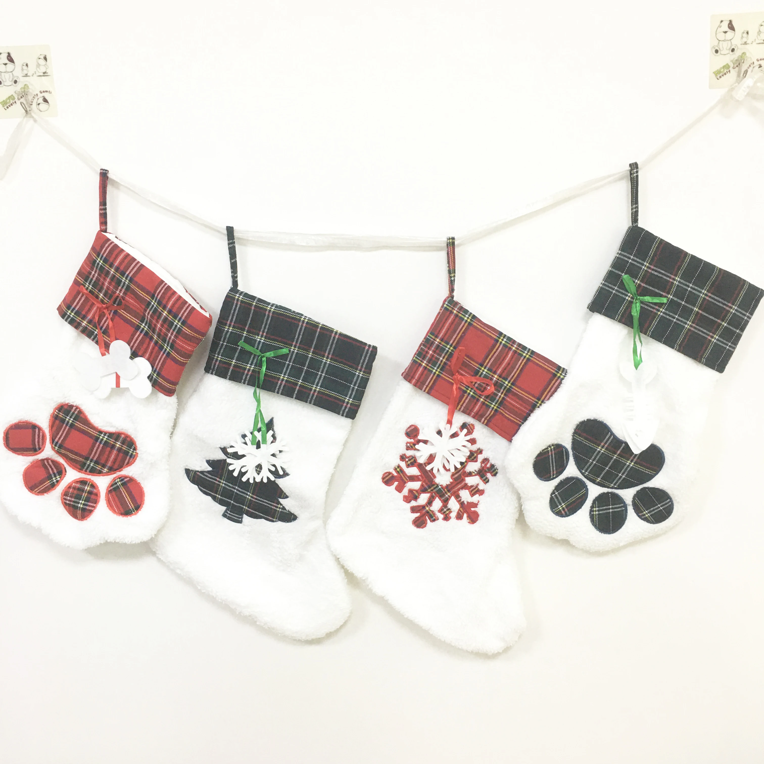 20Pcs/Lot Merry Christmas Socks Pet Dog Cat Large Paw Hanging Soft Plaid Christmas Stocking Christmas Xmas Tree Decoration Gift