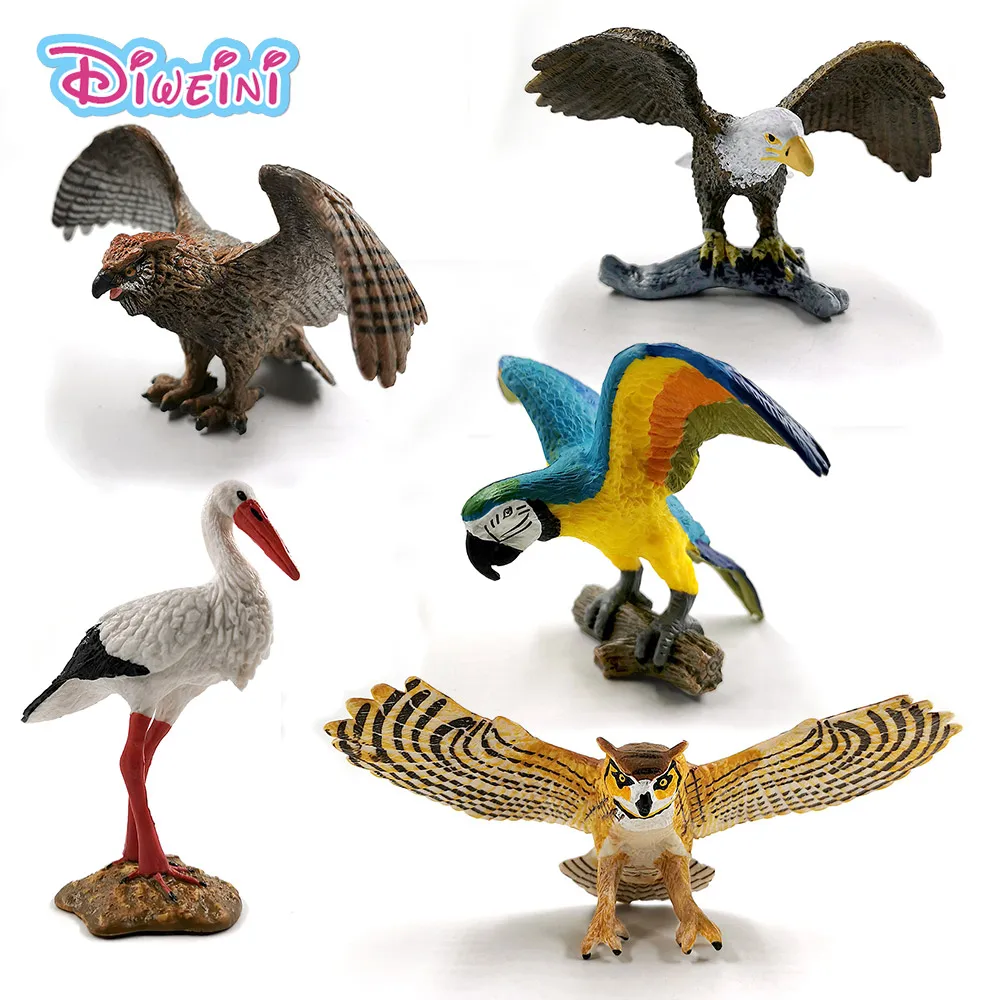 Kawaii Simulation White crane Bald Eagle Owl Parrot bird animal model action figure Plastic doll house children Toys accessory