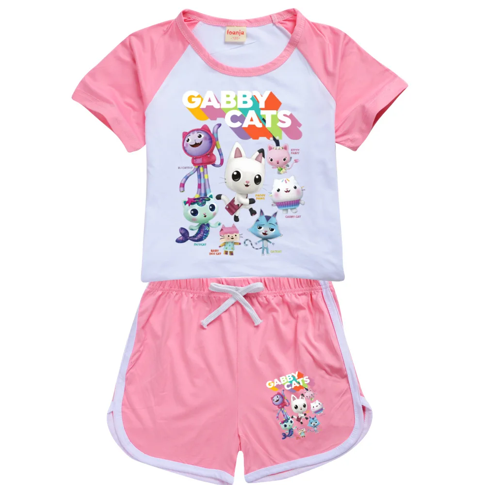 Kids Summer Clothing Set Girls Boys Gabby Cats Tracksuit Children Shorts Sleeve T Shirt Pants Cartoon Clothes Pyjamas Outfits