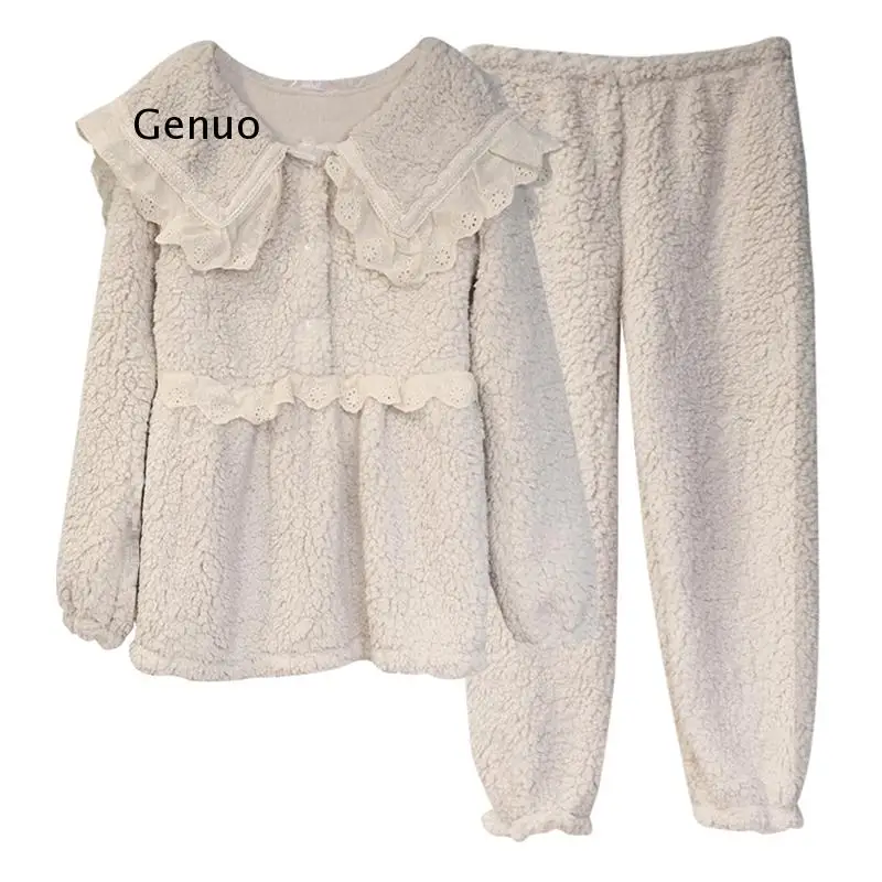 

Women Apricot Winter Sweet Pajamas Pant Set Women Sleepwear Faux Lambswool Teddy Hair Lace Patchwork Homewear
